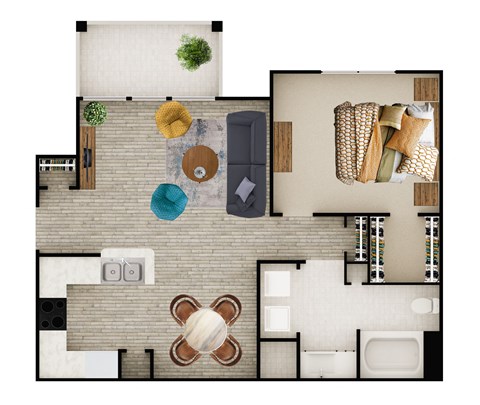 Floor plan for 1 bed, 1 bath, 727 sqft